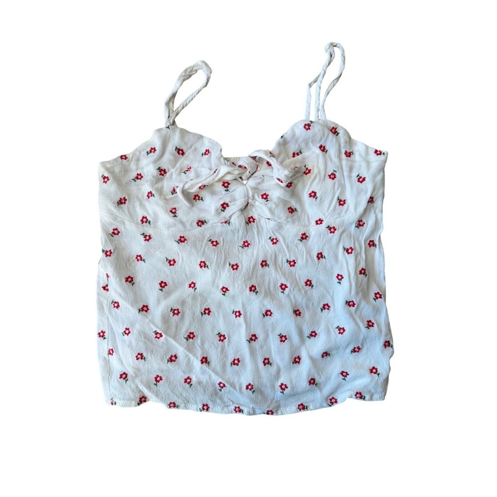H.G. California Women White Red Floral Tie Front Camisole Braided Strap Top